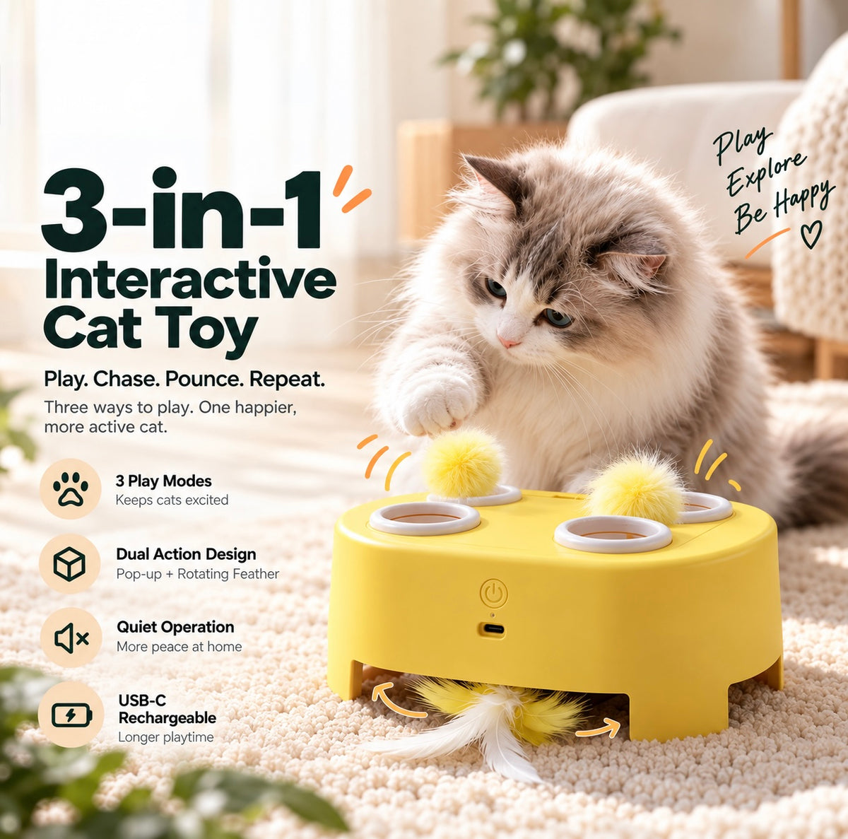 Interactive Cat Toy with Pop-Up Teaser & Rotating Feather, USB-C Rechargeable, 3 Play Modes
