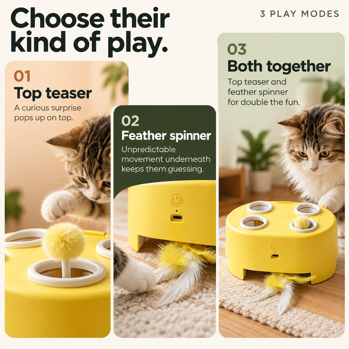 Interactive Cat Toy with Pop-Up Teaser & Rotating Feather, USB-C Rechargeable, 3 Play Modes