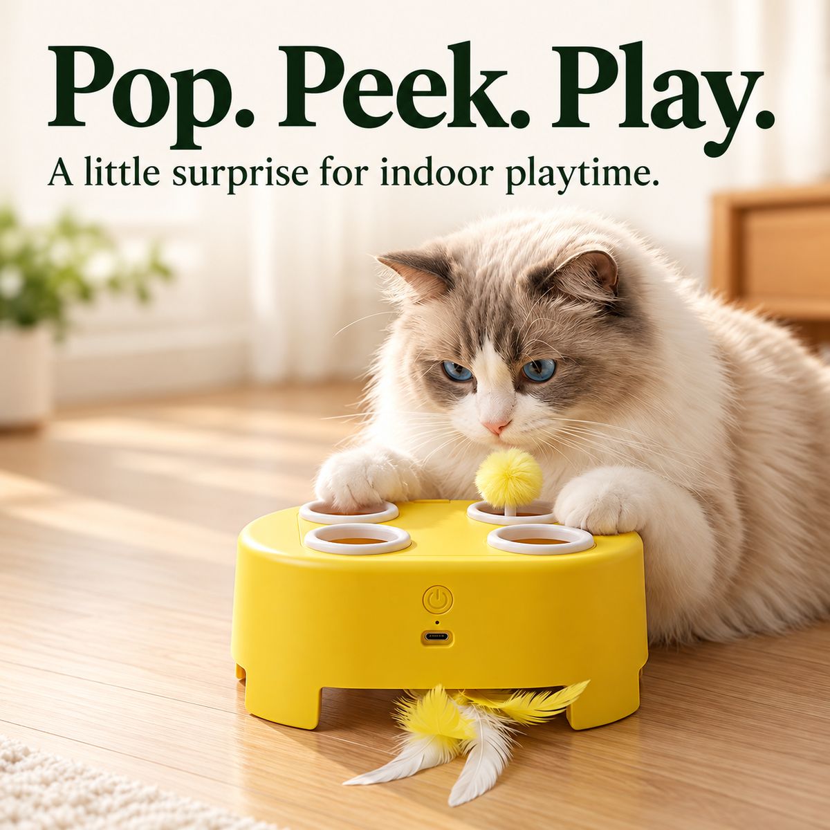 Interactive Cat Toy with Pop-Up Teaser & Rotating Feather, USB-C Rechargeable, 3 Play Modes