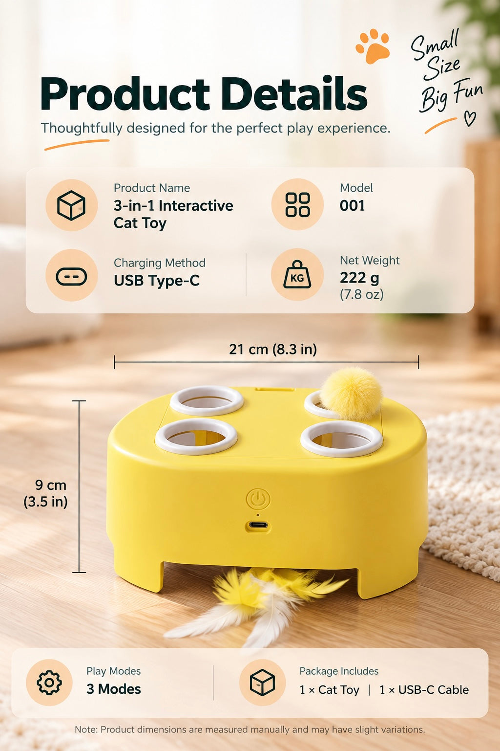 Interactive Cat Toy with Pop-Up Teaser & Rotating Feather, USB-C Rechargeable, 3 Play Modes
